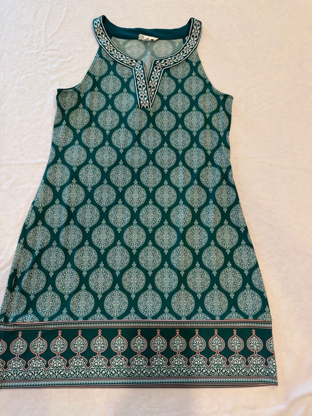 Sleeveless Teal Printed Mini Dress with Embroidered Notch Neck